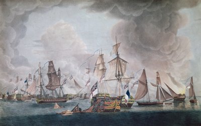 La sconfitta delle forze combinate di Francia e Spagna nella battaglia di Trafalgar nel 1805 (incisione a colori) da Robert Dodd